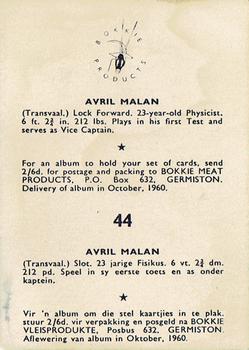 1960 Bokkie Meat Products New Zealand and South African Players #44 Avril Malan Back